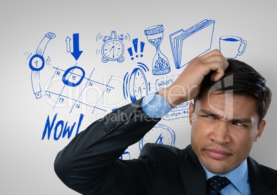 Confused man frowning and scratching his head looking up with drawings