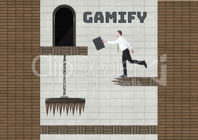 Gamify text and Businessman in Computer Game Level with coins and traps