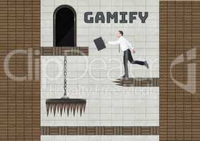 Gamify text and Businessman in Computer Game Level with coins and traps
