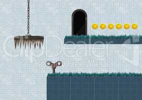 Computer Game Level with key and coins and trap