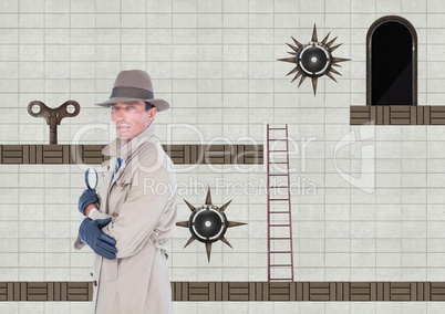 Detective in Computer Game Level with key and traps
