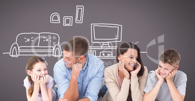 Family laughing together with home television drawings