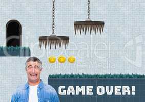 Game over text and disappointed man in Computer Game Level with coins and traps