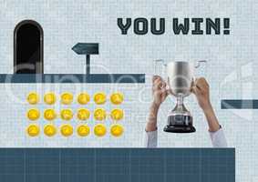 You Win and trophy in Computer Game Level with coins
