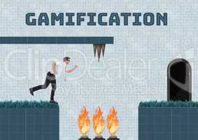 Gamification text and Businessman in Computer Game Level with fire and traps