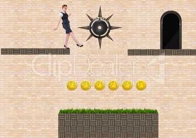 Businesswoman in Computer Game Level with coins and traps