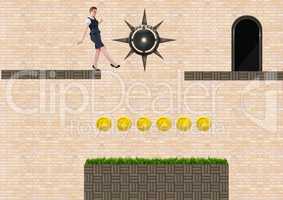 Businesswoman in Computer Game Level with coins and traps