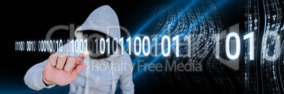 Anonymous hacker touching computer code binary interface