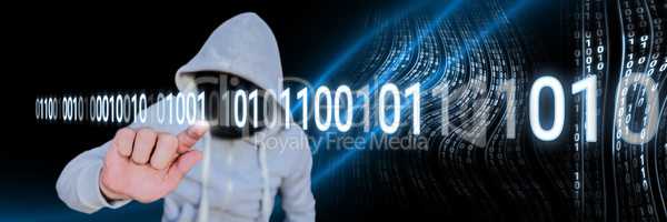 Anonymous hacker touching computer code binary interface