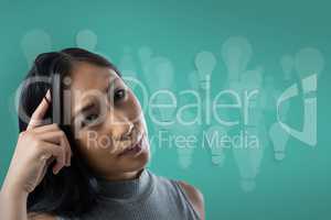 Woman scratching her head on a blue background