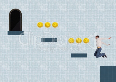 Man in Computer Game Level with coins