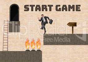 Start game text and man in Computer Game Level with traps and ladder