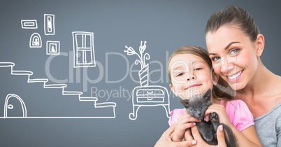 Mother and daughter holding cat with home stairs drawings
