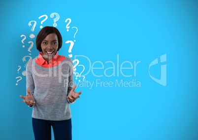 Confused or surprised woman with question marks on blue background