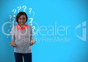 Confused or surprised woman with question marks on blue background