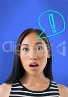 Surprised woman on blue background with exclamation point