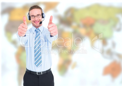 Travel agent man wearing headset in front of world map