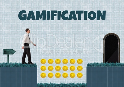 Gamification text and Businessman in Computer Game Level with coins