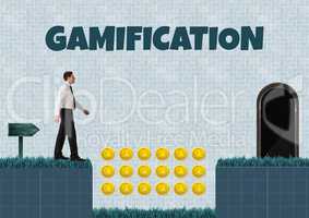 Gamification text and Businessman in Computer Game Level with coins
