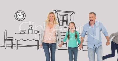 Family together holding hands with kitchen drawings