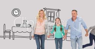 Family together holding hands with kitchen drawings