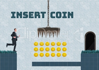 Insert coin text and Businessman in Computer Game Level with coins and traps