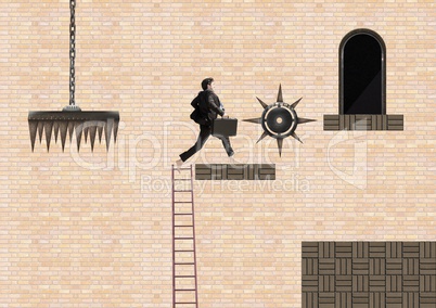 Businessman in Computer Game Level with traps and ladder