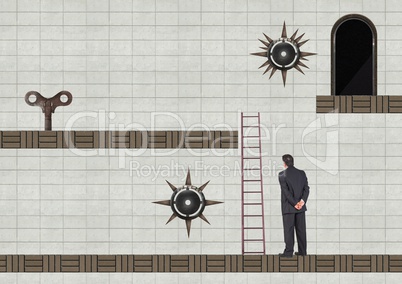 Businessman in Computer Game Level with key and traps