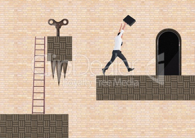 Businessman in Computer Game Level with key and coins Businessman in Computer Game Level with key and coins
