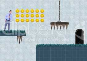 Businessman in Computer Game Level with coins and traps