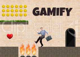 Gamify text and man  in Computer Game Level with coins heart and traps