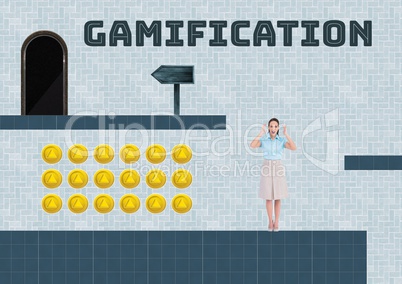 Gamification text and Woman in Computer Game Level with coins