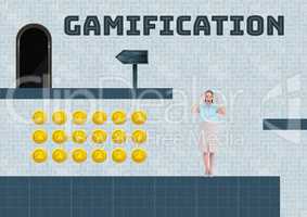 Gamification text and Woman in Computer Game Level with coins