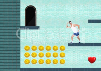 Fit man in Computer Game Level with coins and heart