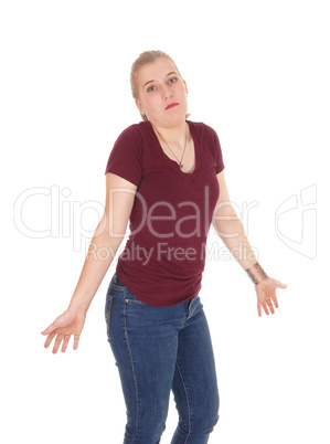 Woman gesturing she dos not know