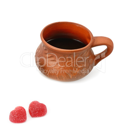Coffee cup and marmalade candies isolated on white background.Fl