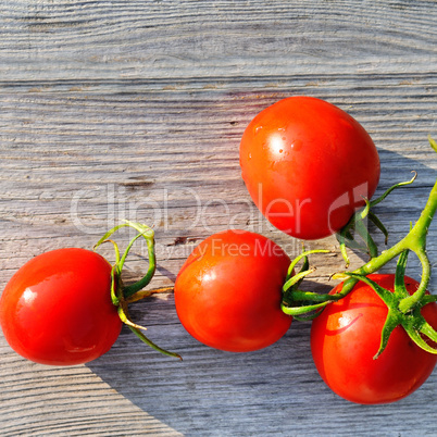 Red tomatoes on wooden surface.