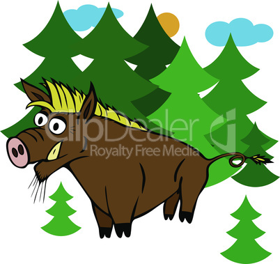 cartoon brown wild boar with yellow bang in the middle of green trees