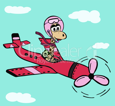 girl giraffe in a pink helmet flies in the sky amidst white clouds on a red airplane with a propeller