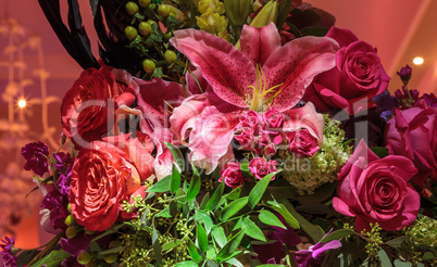 Fresh bouquet of roses, rubrum lily, hydrangea,
