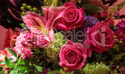 Fresh bouquet of roses, rubrum lily, hydrangea,