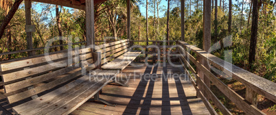 Bench on a boardwalk overlooks wetlands in the Corkscrew Swamp