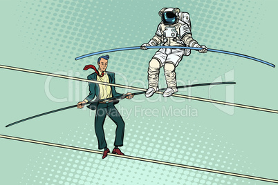 tightrope walkers acrobats businessman and astronaut