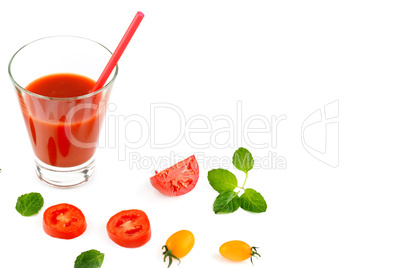 Fresh tomato juice and tomatoes isolated on white background. Fr