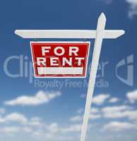 Left Facing For Rent Real Estate Sign on a Blue Sky with Clouds.