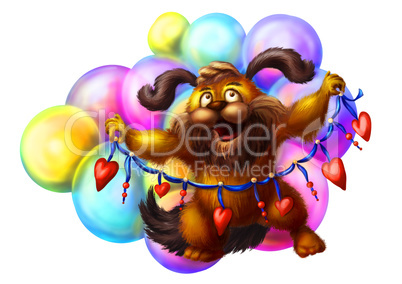 Illustration with funny dog and balloons.