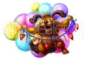Illustration with funny dog and balloons.