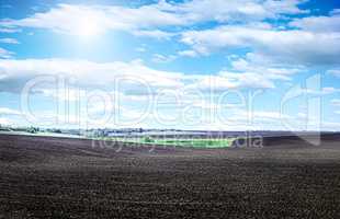 Plowed field on a bright sunny day