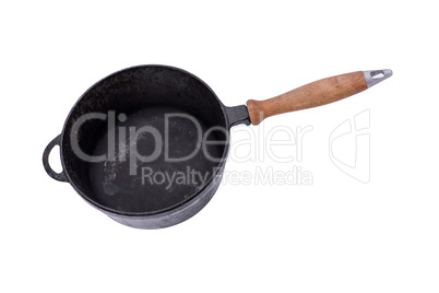 deep old black cast iron frying pan with wooden handle