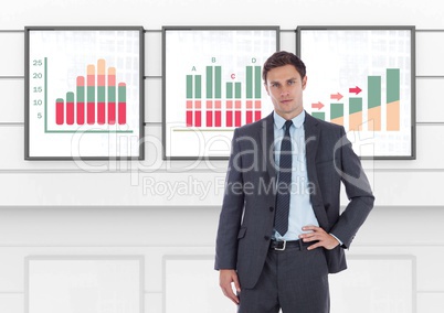 Businessman standing with colorful chart statistics on wall boards Businessman standing with colorful chart statistics on wall boards